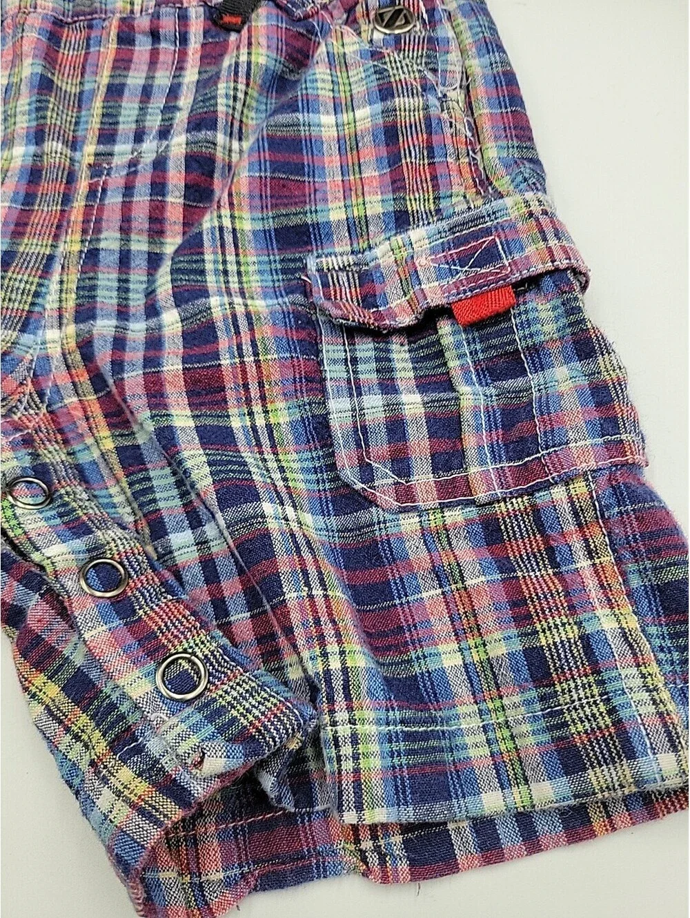 OshKosh B'Gosh Boys Size 24 Months Shortalls Blue, Red, White Plaid VTG